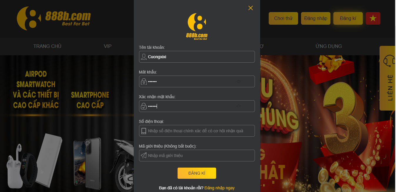 Đăng kí tài khoản game tại nhà cái 888b