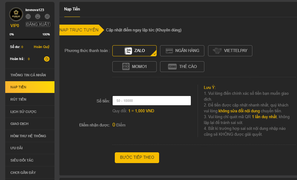 Nạp tiền tại nhà 888b qua zalo