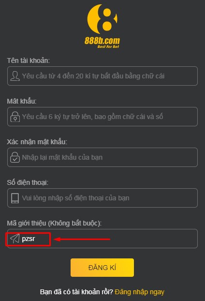 code 888b sẽ tự động điền vào khi bạn đăng ký qua link của 88b.london